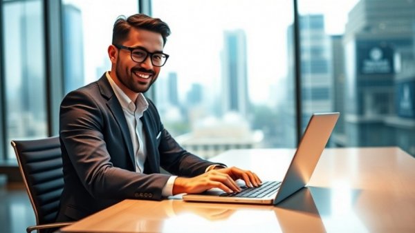 Businessman researching mortgage rates on laptop in modern office.