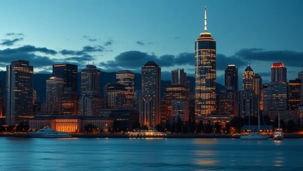 Evening view of illuminated Vancouver skyscrapers and waterfront, technology vancouver.