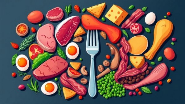 Abstract illustration of protein foods in a spiral, colorful cartoon style.