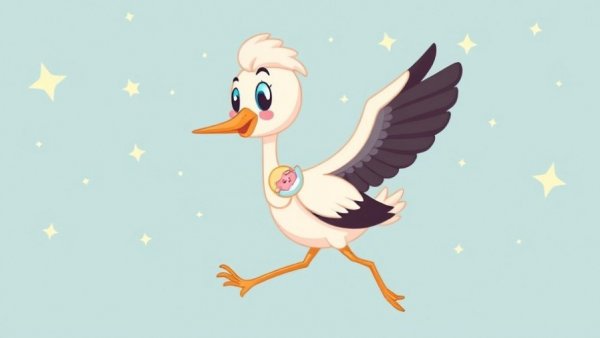 Illustration of a stork with baby bundle, symbolizing birth year.