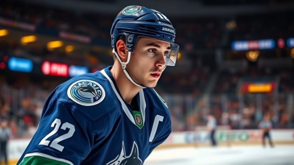 Vancouver Canucks player preparing intently on ice rink.