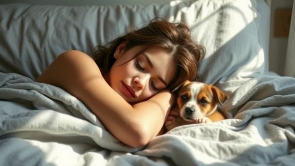 Young woman resting with pet, light improving sleep.