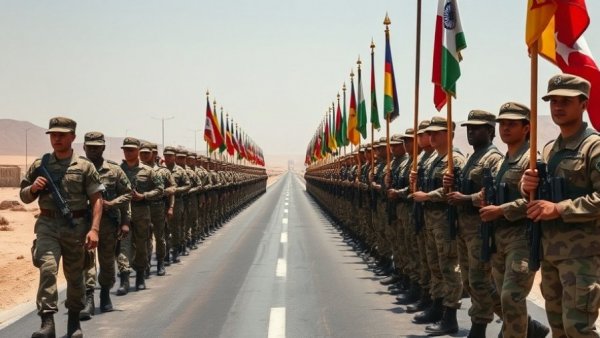 Iran's Revolutionary Guards in formation with flags on a road.