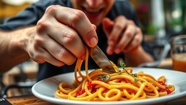 Close-up of a person eating pasta, focusing on hands.