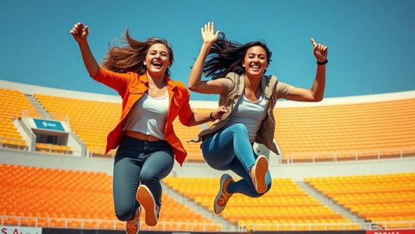 Energetic women doing jumping exercises in a stadium, lower impact exercises than burpees.