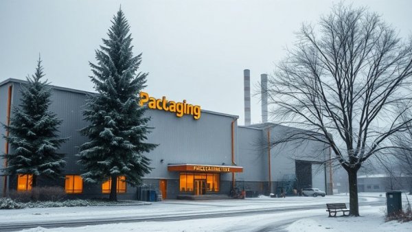 Cascades packaging plant sign in snowy environment, winter scene.