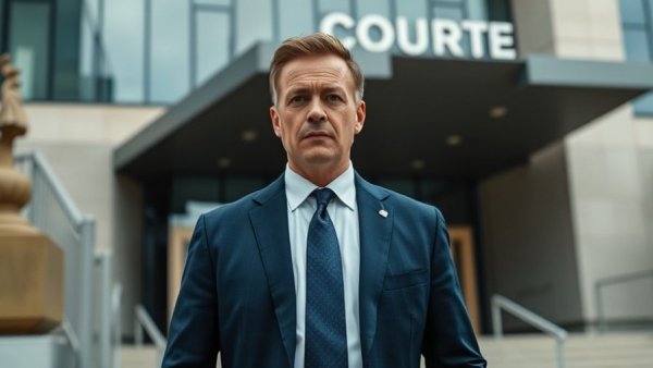 Courthouse exterior with inset of man in suit, Amazon SEC trial Brian Watson.