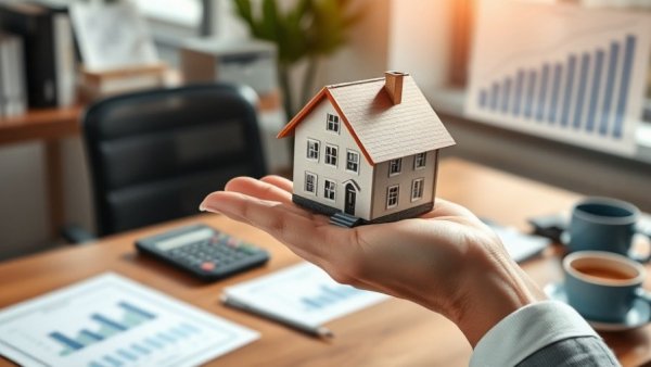 Hand holding house model with financial charts representing mortgage rates.