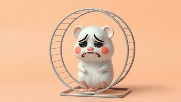 Sad emoji in a hamster wheel, illustrating how to break free from guilt.