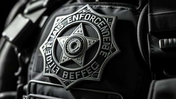 Close-up of law enforcement badge on tactical vest in duotone.