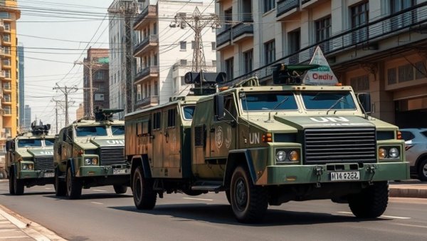 UN armored vehicles on patrol, urban street scene, UN financial collapse context.