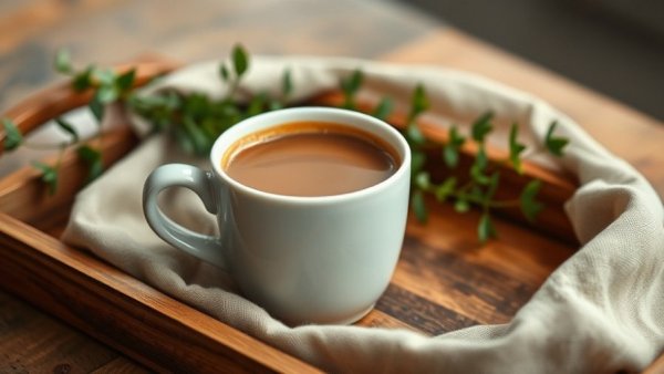 Steaming decaf coffee on tray highlighting health benefits.
