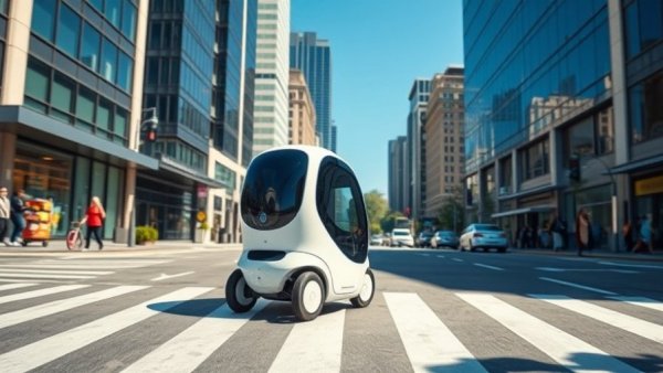 Sleek white food delivery robot navigating urban street.