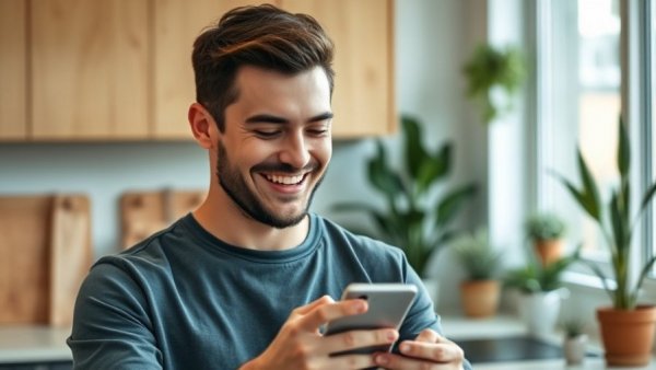 Smiling man uses phone in kitchen, exploring psychological tricks to save more.