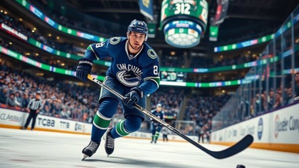 Vancouver Canucks player skating intensely with puck during game.