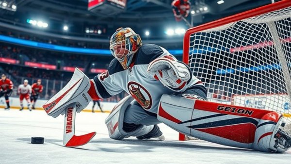 NHL Vancouver game action shot with goalie saving puck.