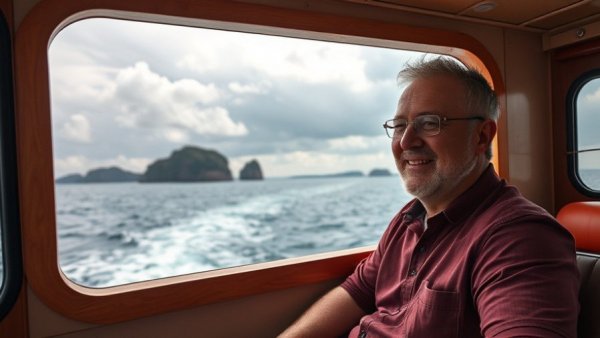 Middle-aged man smiling on a boat with ocean view. Epstein personal hacker cybersecurity.