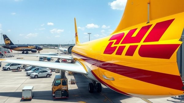 Yellow DHL plane tail at busy airport with UPS plane far behind.
