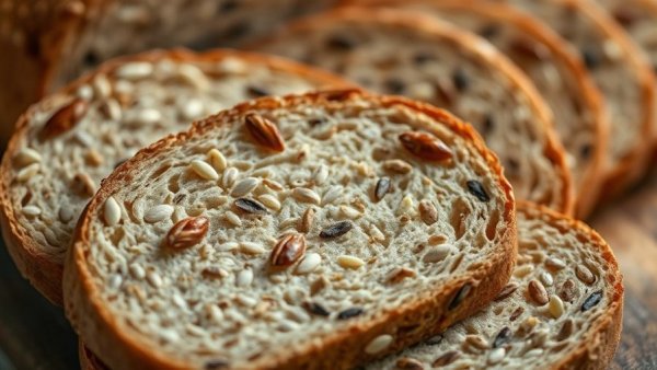 Close-up of sliced low glycemic index bread with seeds.