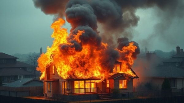 Intense house fire in Burnaby neighborhood, flames and smoke visible.