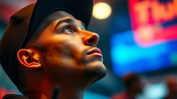 Thoughtful man in cap with blurred background, photorealistic.