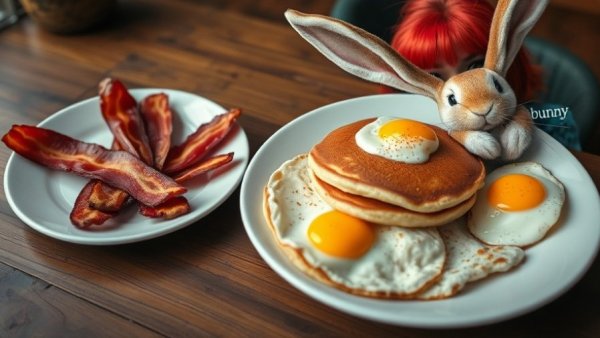 Inner animal personality quiz: vibrant breakfast and playful woman with bunny.