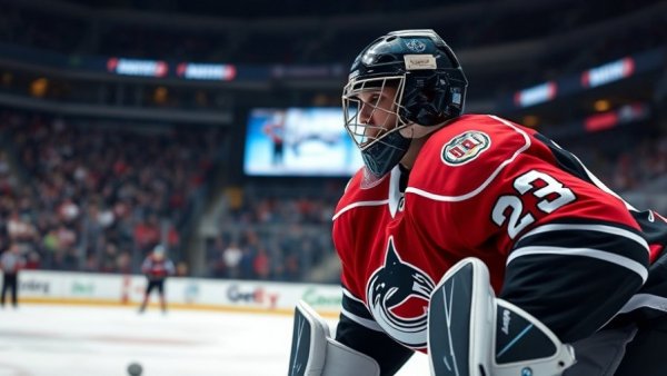 Vancouver Canucks goalie focused in a game, black and red jersey.