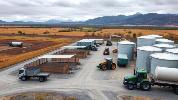 Douglas County biochar facility with trucks in rural landscape.