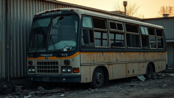 Damaged bus after drone attacks in Ukraine, dawn scene.