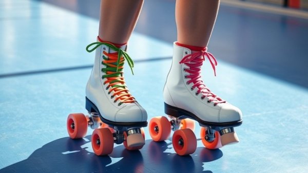 Close-up of inclusive roller derby skates with colorful laces on blue floor.
