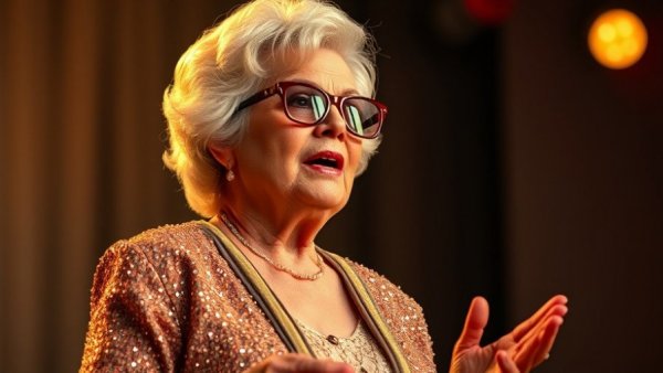 Elderly woman in sparkling outfit speaking on stage, Denver local news.