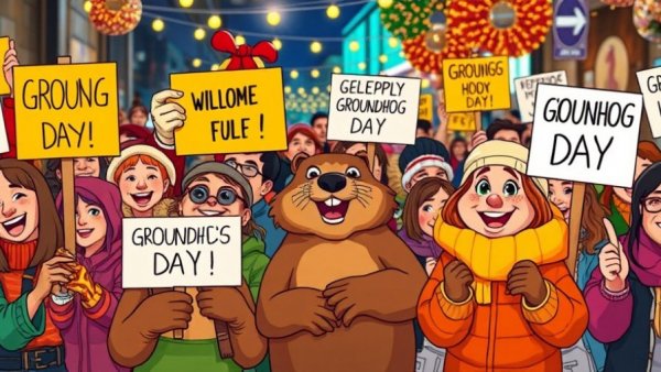 Festive crowd with Punxsutawney Phil jokes signs, vibrant night scene.