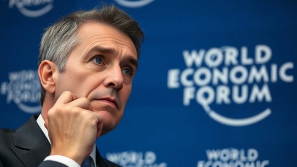 Pensive individual thinking at World Economic Forum, blue backdrop.