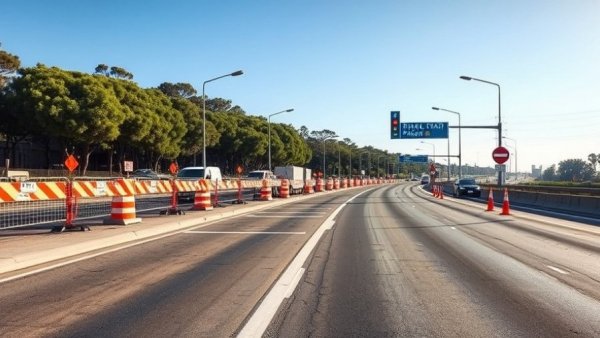 Monaco Parkway Closure road construction with barriers and vehicles
