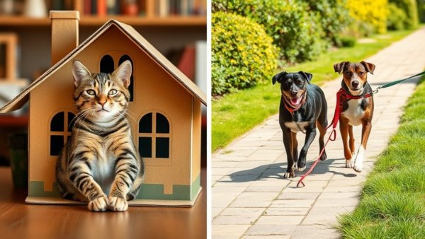 Cat in cardboard house and dogs on a walk - affordable pet products from Chewy.