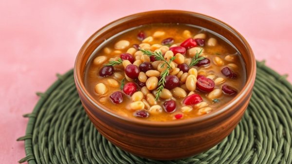 Northern Italian Barley and Cranberry Bean Soup in a rustic brown bowl.