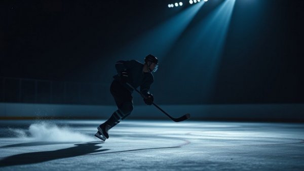 Silhouette of a hockey player in action, photorealistic.