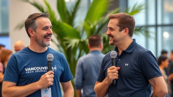Vancouver tech event discussion between two men with microphones.