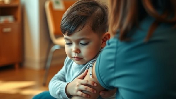 Child receiving flu vaccine, supportive parent, indoors.