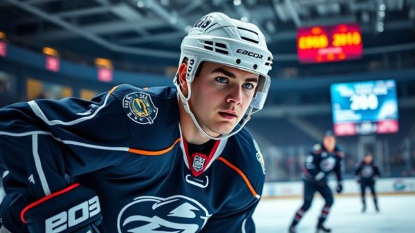 Hockey player on rink in Canada jersey, vivid scene.
