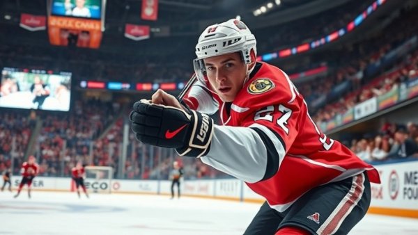 NHL player takes shot at goal during intense game. NHL Vancouver.