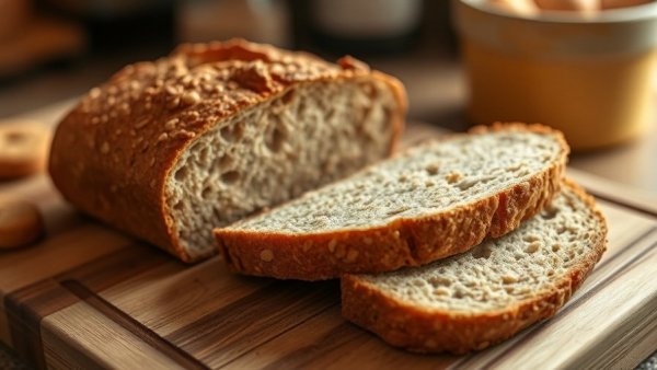 Freshly sliced no-knead whole wheat bread loaf on cutting board.