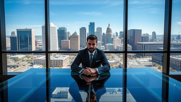 Man in office overlooking Denver skyline, news setting.