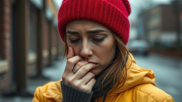 Somber woman in yellow jacket at grave site, moving husband's grave.
