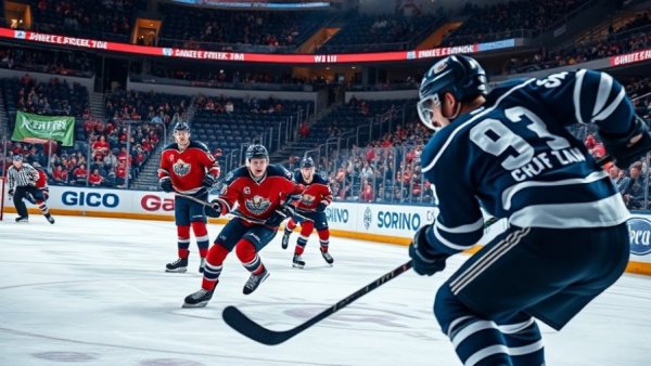 Denver local news: Intense hockey game, players in action.