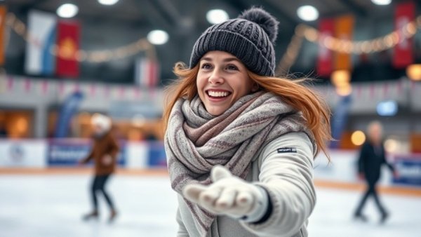 Healthy woman enjoying ice skating indoors, Vancouver.