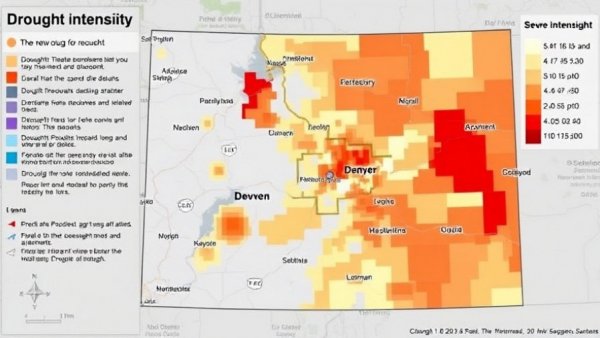 Map showing severe drought in Denver area with intensity levels in Colorado.