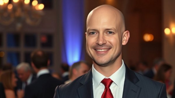 Bald man in formal attire smiling at event, emphasis on processed food kills.