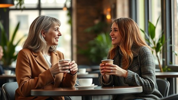Warm conversation between two women over coffee, early intervention in mental health.