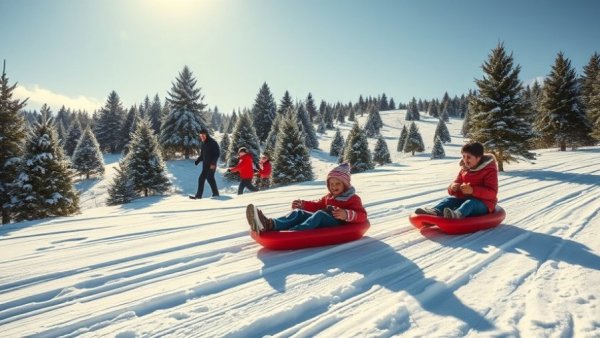 Children sledding during Denver's warm February, vibrant winter scene.